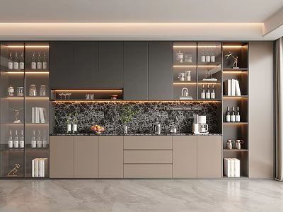 Sleek Modern Wine Cabinet Design With Built-in Lighting Neutral Tones Wine Bottles And Books 3d model