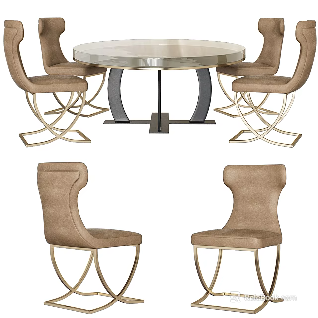 Modern Round Dining Table Set With Beige Upholstered Chairs And Metal Frame 3d model