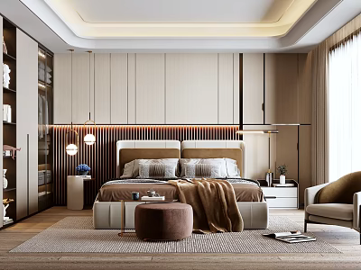 Elegant Modern Bedroom Interior Design With Wooden Headboard Pillows Blanket Round Stool And Accent Chair 3d model