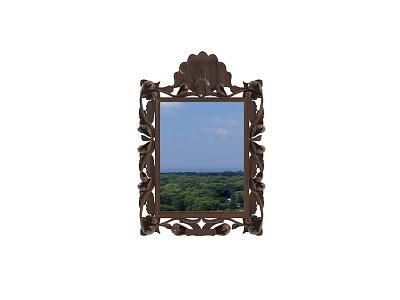 Decorative Wooden Mirror With Carved Frame Reflecting Green Trees And Blue Sky 3d model