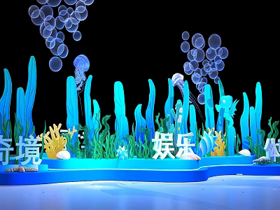 Ocean Themed Entertainment Wonderland With Blue Seaweed Jellyfish Bubbles And Decorative Stage 3d model