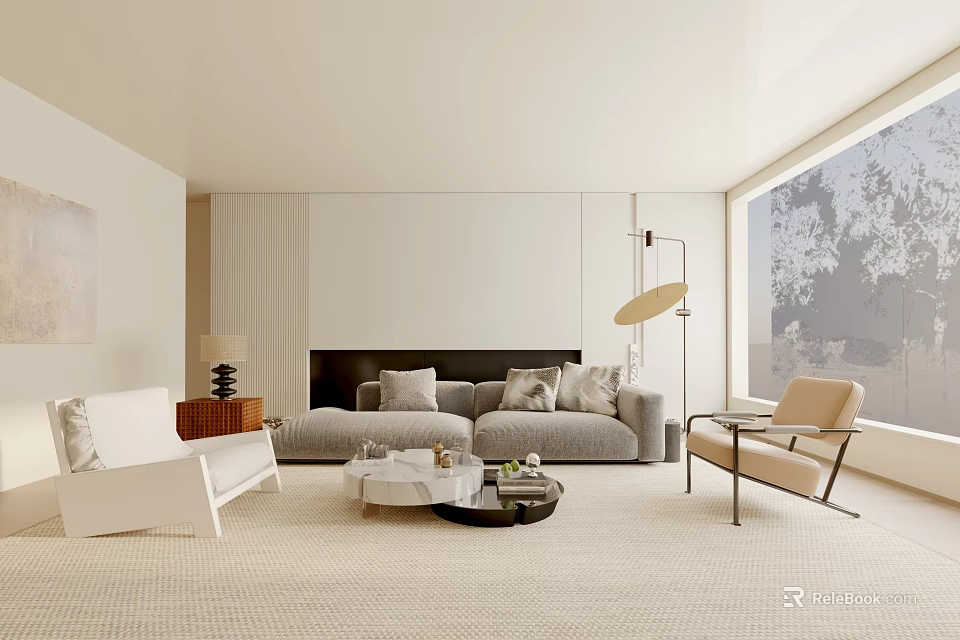 Modern Minimalist Living Room Interior With Grey Sofa Beige Carpet And Floor-to-Ceiling Window 3d model 