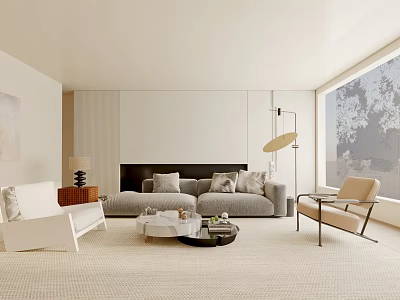 Modern Minimalist Living Room Interior With Grey Sofa Beige Carpet And Floor-to-Ceiling Window 3d model