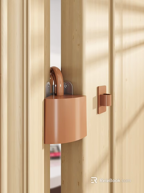 Brown Metal Door Lock Fixture On Light Wooden Door Surface 3d model 