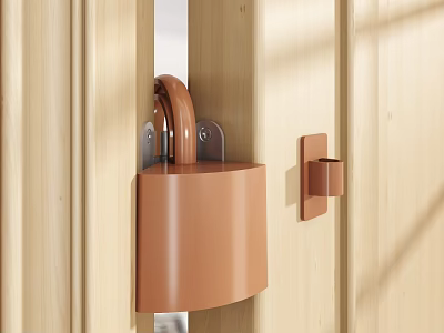 Brown Metal Door Lock Fixture On Light Wooden Door Surface 3d model