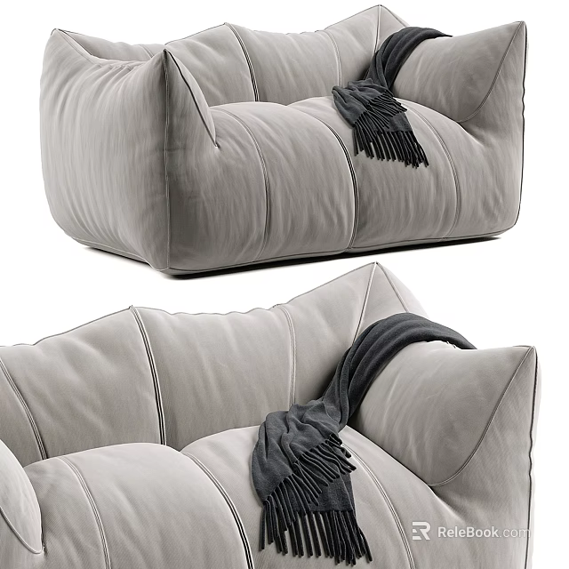 Cozy Modern Light Gray Fabric Two-Seater Sofa With Stitched Details And Dark Fringe Blanket 3d model 