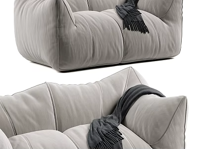Cozy Modern Light Gray Fabric Two-Seater Sofa With Stitched Details And Dark Fringe Blanket 3d model