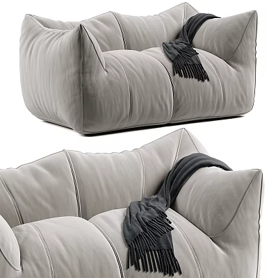 Cozy Modern Light Gray Fabric Two-Seater Sofa With Stitched Details And Dark Fringe Blanket 3d model