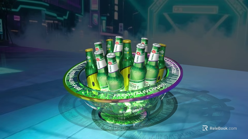 Round Transparent Art Installation With Green Beer Bottles Glowing Neon Lights In Smoky City Night 3d model 