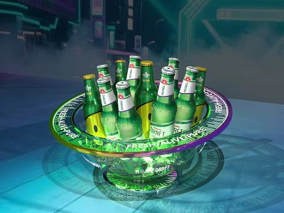 Round Transparent Art Installation With Green Beer Bottles Glowing Neon Lights In Smoky City Night 3d model