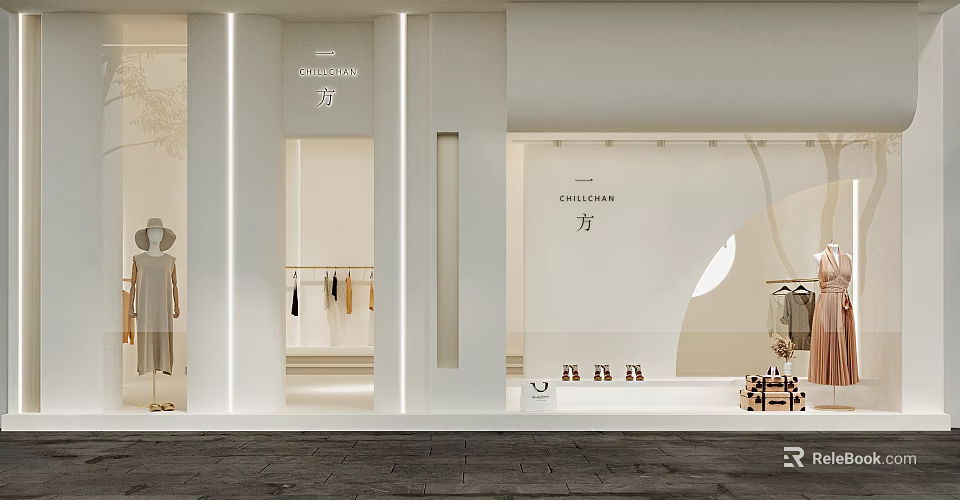OUI&CIARA Clothing Store Front Design with Mannequins Hanging Clothes and Shoes 3d model 