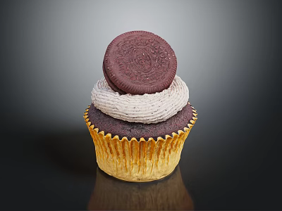 Chocolate Cupcake With Yellow Paper Liner White Cream Frosting And Oreo Cookie Topping 3d model