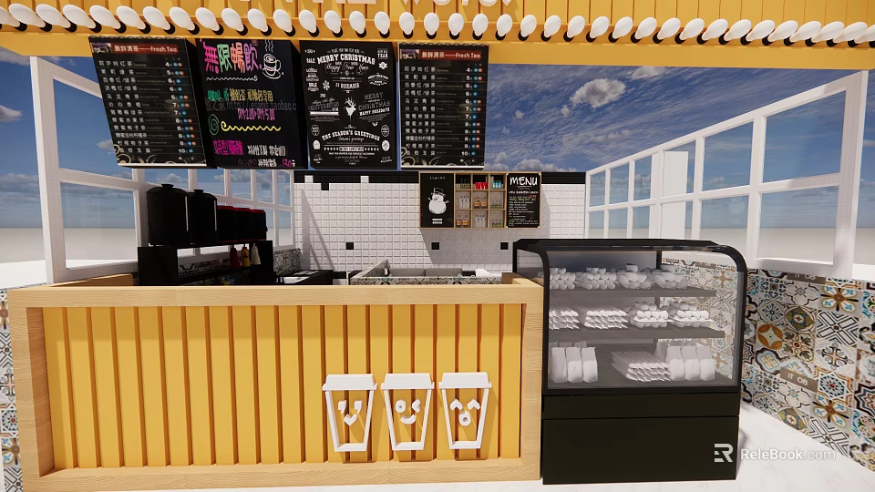 Modern Restaurant Interior With Menu Boards Coffee Machines Counter And Display Case 3d model 