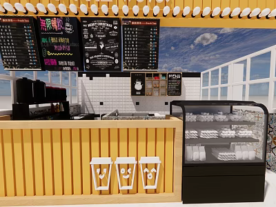 Modern Restaurant Interior With Menu Boards Coffee Machines Counter And Display Case 3d model