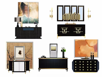 Elegant Modern Entryway Console Table And Side Cabinet With Gold Accents Black Finish 3d model