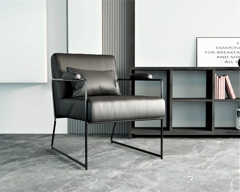 Modern Leather Single Sofa With Metal Legs Bookshelf And Decorative Painting 3d model 
