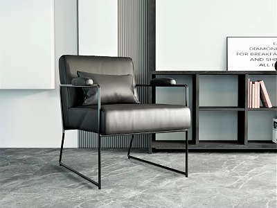 Modern Leather Single Sofa With Metal Legs Bookshelf And Decorative Painting 3d model