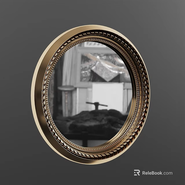 Oval Mirror with Gold Ornate Carved Frame Reflecting Interior Room Scene 3d model 