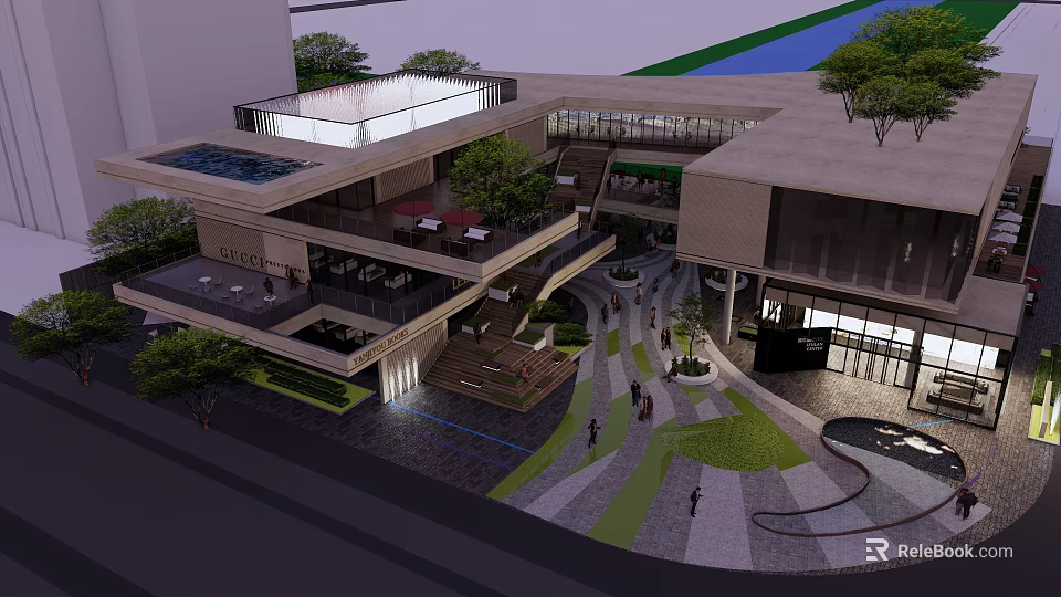 Modern Commercial Street With Multi Level Buildings Open Space Green Trees Storefronts And Pedestrians 3d model 