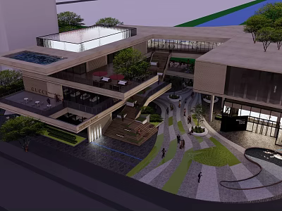 Modern Commercial Street With Multi Level Buildings Open Space Green Trees Storefronts And Pedestrians 3d model