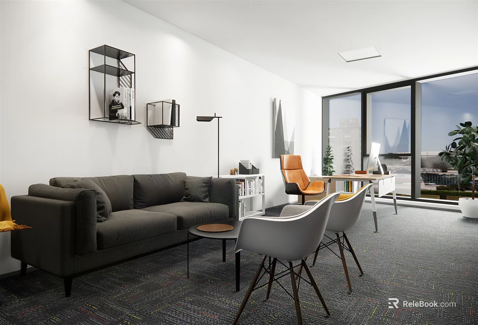 Modern Open Office Space With Sofa Chairs Coffee Table And Large Windows 3d model