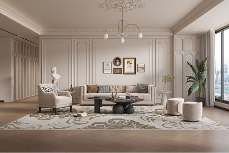 French Cream Living Room Sofa Chandelier Single Chair Coffee Table 3d model