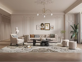 French Cream Living Room Sofa Chandelier Single Chair Coffee Table 3d model
