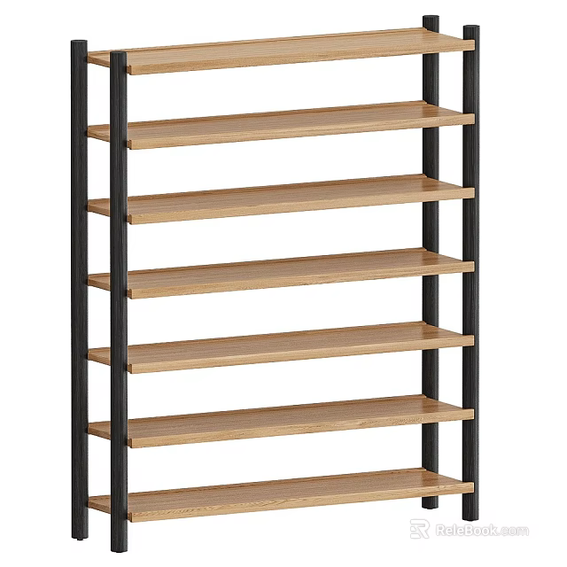 Multi Tier Storage Shelf with Metal Frame and Wooden Shelves for Home Office Organizing 3d model 