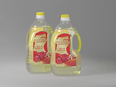 Two Bottles of Clear Edible Cooking Oil with Yellow Caps and Red Labels 3d model