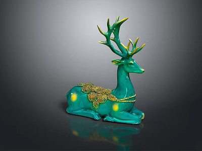 Turquoise Deer Ornament With Golden Antlers Yellow Spots And Smooth Surface Design 3d model