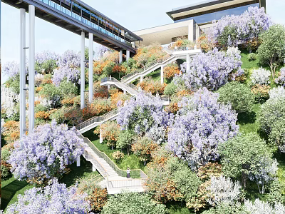 Lush Park Landscape With Purple Blooms Winding Stone Staircase Green Trees And Modern Structure 3d model