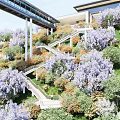 Lush Park Landscape With Purple Blooms Winding Stone Staircase Green Trees And Modern Structure