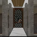 Luxurious SPA Sauna Interior with Golden Ceiling Circular Lights Floral Mural Green Plants and Hot Spring Pool