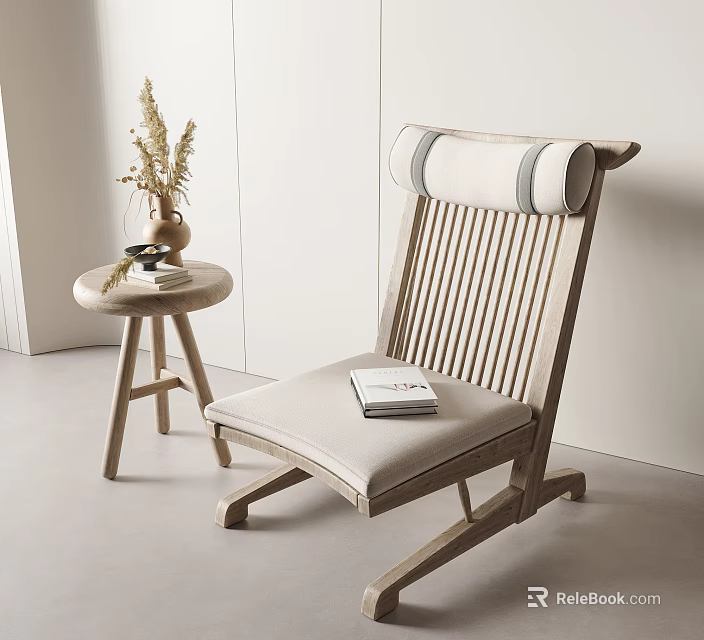 Stylish Wooden Lounge Chair with Slatted Backrest Padded Seat and Round Side Table 3d model 