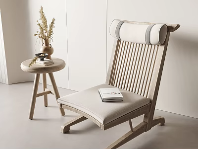 Stylish Wooden Lounge Chair with Slatted Backrest Padded Seat and Round Side Table 3d model