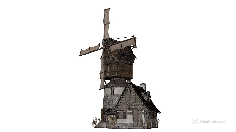 Cartoon Scene With Traditional Wooden Windmill And Cozy Village Cottage Details 3d model 