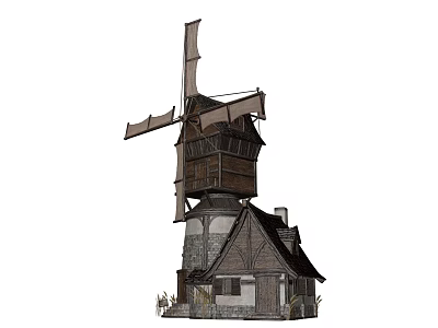 Cartoon Scene With Traditional Wooden Windmill And Cozy Village Cottage Details 3d model