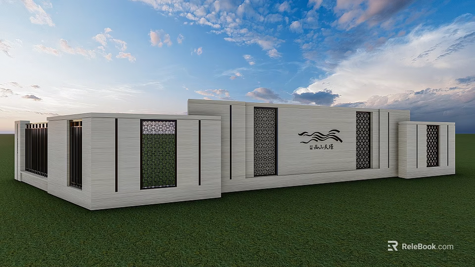 Modern Entrance Gate of Yunxi Mansion With White Facade Decorative Grille Green Lawn 3d model 
