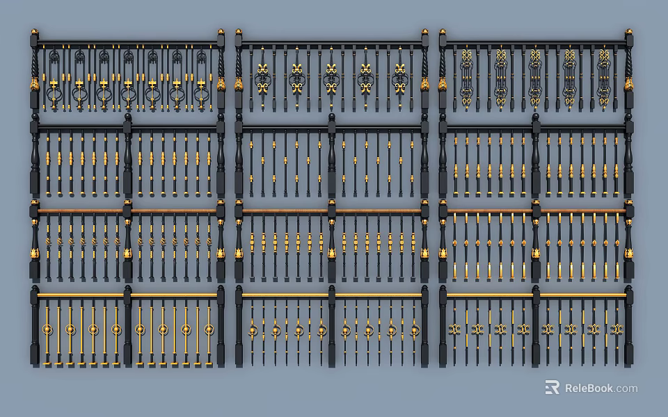 Black and Gold Metal Fence With Ornate Patterns And Decorative Details 3d model 