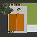 Cartoon Scene of Outdoor Area With Orange Pavilion Bench Table People Pool and Plants