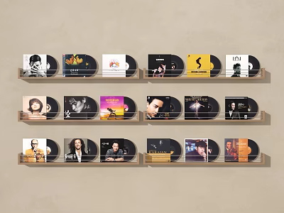 Decorative Ornament Set with Vinyl Records on Wooden Shelves for Wall 3d model