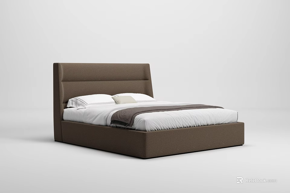 Modern Upholstered Double Bed with Brown Headboard and White Sheets 3d model