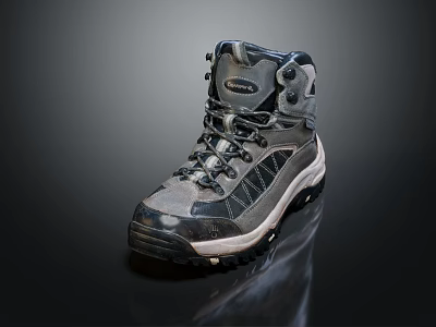 High Top Outdoor Hiking Boots With Gray Black Camo Design Thick Treaded Sole 3d model