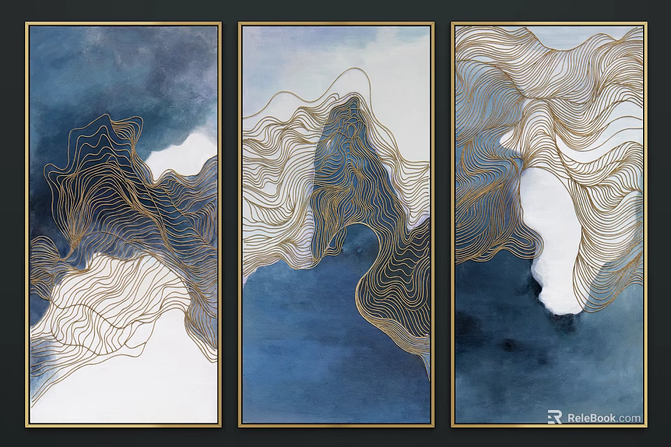 Three Panel Abstract Painting With Blue Background And Golden Wavy Lines Modern Wall Art 3d model 