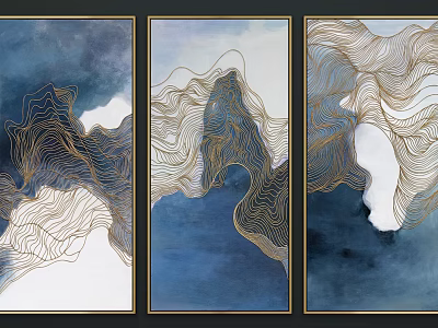 Three Panel Abstract Painting With Blue Background And Golden Wavy Lines Modern Wall Art 3d model