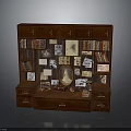 Vintage Wooden Bookcase With Multiple Compartments Filled With Books Photos And Decor