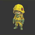 Cute 3D Cartoon Character with Yellow Helmet Red Eyes and Green Protective Gear