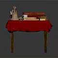 Traditional Worktable With Red Tablecloth Golden Containers Scissors Notebook And Ink Bottle