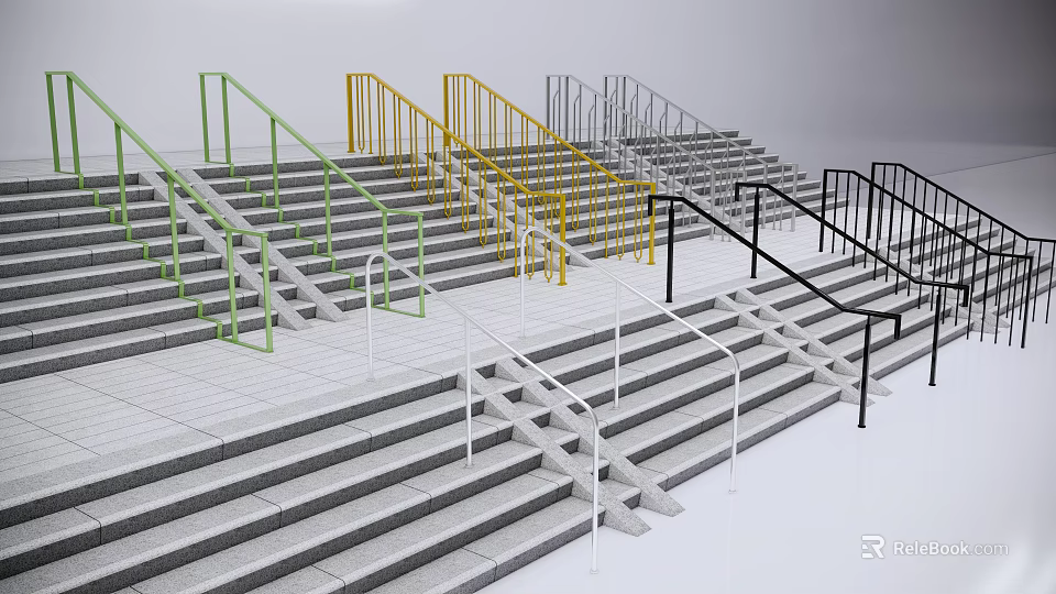 Staircases With Colorful Metal Handrails And Concrete Steps In Various Hues 3d model 