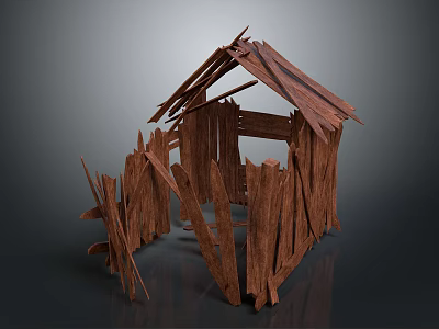 Old Dilapidated Wooden House With Broken Roof Walls And Scattered Planks 3d model